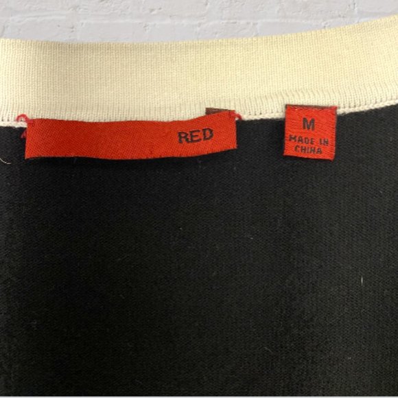 VINTAGE RED -- Sweater, Black & White, White Trim, Fuzzy Neck Detail, 3/4 Sleeve - Picture 7 of 12